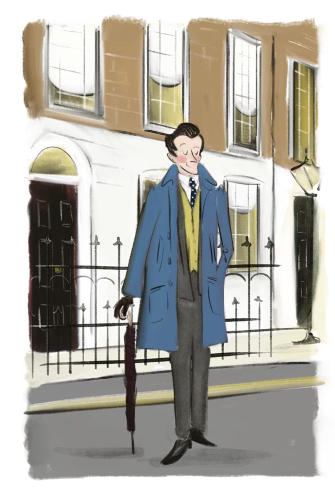 Mr William Wolfe in a blue overcoat, umbrella in hand, outside a Georgian townhouse