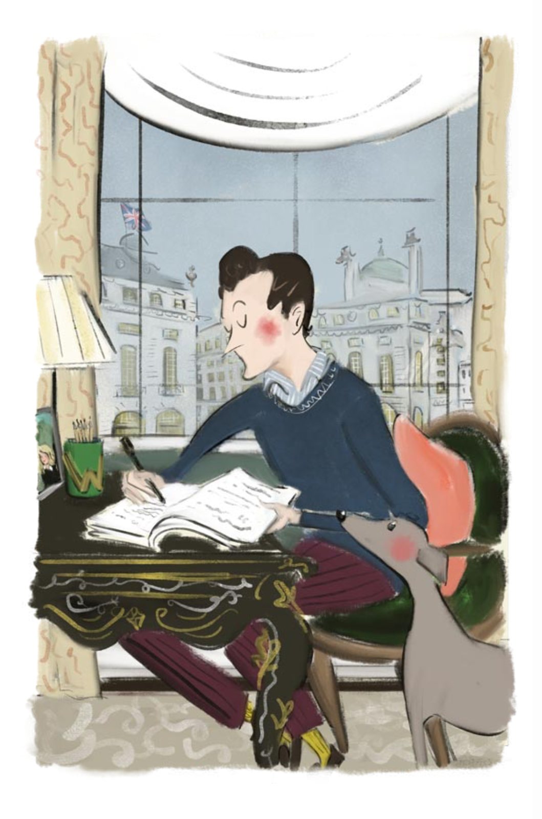 Mr William Wolfe writing at his desk overlooking Piccadilly, his whippet beside him